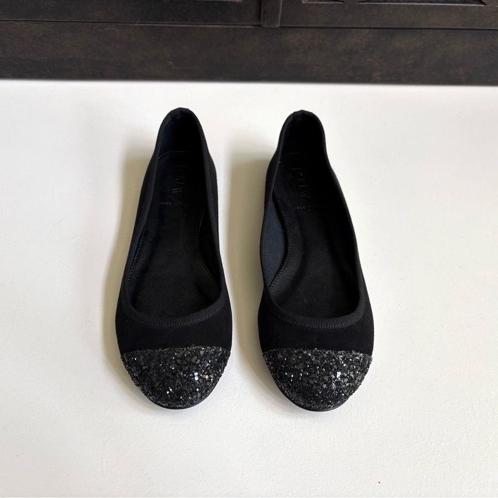 J.Crew Leather Ballet Flats Glitter-Embellished Toe Cap 7